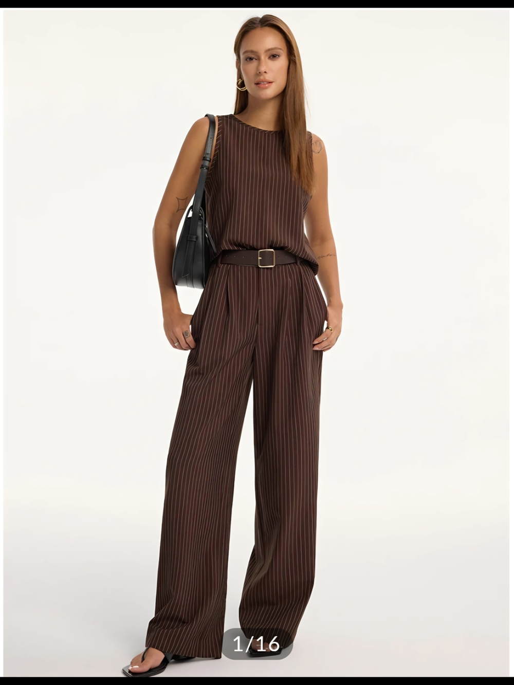 Pinstripe Sleeveless Brown Top and Pants Set with Belt